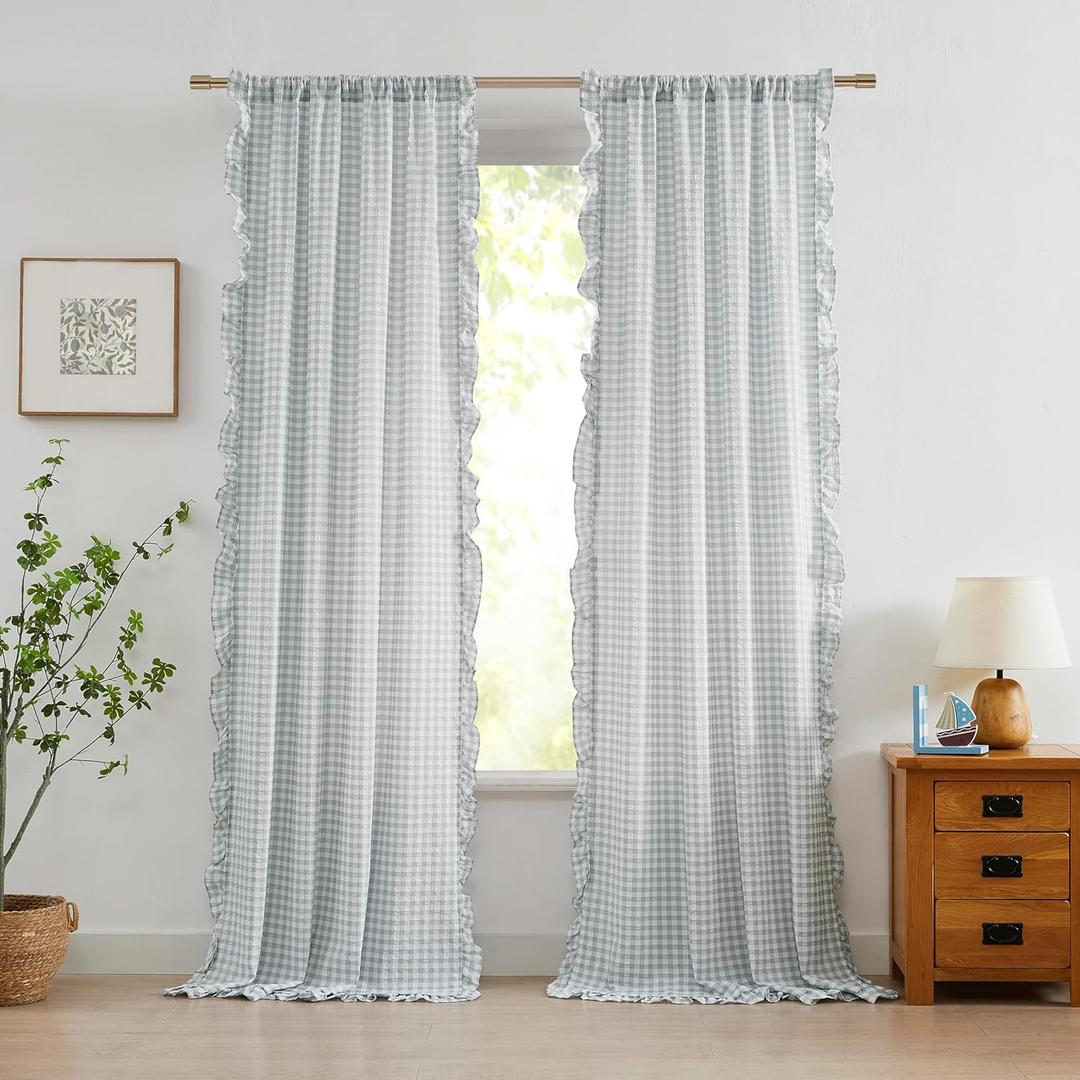 ZJDECOR Grey White Buffalo Plaid Sheer Curtains 84 Inches Length,Cozy Ruffle Not-See-Through Sheer Crinkle Drapes,Rustic Window Treatment for Bedroom Living Room,Rod Pocket,40" Wx84 L(Pack of 2)