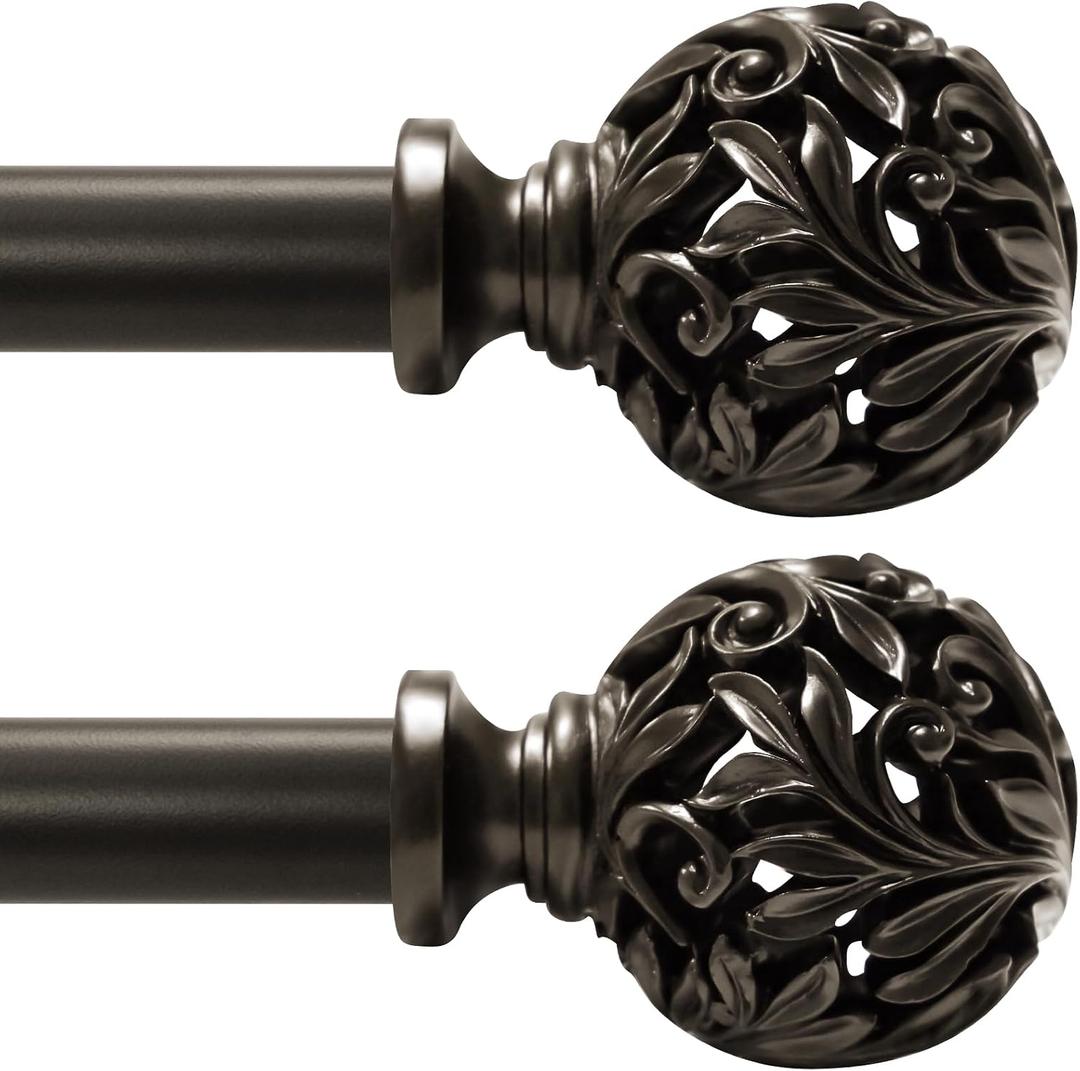 2Pack Bronze Curtain Rods 36 to 120 inch (3-10ft), 1 Inch Diameter Adjustable Heavy Duty Decorative Curtain Rods with Decorative Openwork Carved finials for Living Room Bedroom Windows