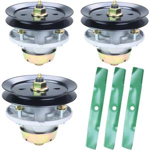 3 Pack AM144377 Spindle Assembly Kit for John Deere 48" 54" Decks | Includes 3xAM124498 Spindle+3xM131814 Spindle Pulley+3xUC22009 Blade for John Deere X320 X500 X300 X534 GX255 GX345 X530 Deck
