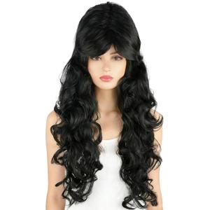 Women's Long Wavy Wig Black Big Curls with Bangs Beehive Style Wigs for Halloween Cosplay Costume Drag Queen Wig
