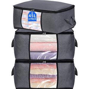 3 Pack Storage Bags, 45L Foldable Clothes Storage Bins with Lids, Closet Organizers Blanket Storage Bags with Zippers Clear Window Sturdy Handles for Clothing Bedding Comforter Sweater Pillows (Gray)