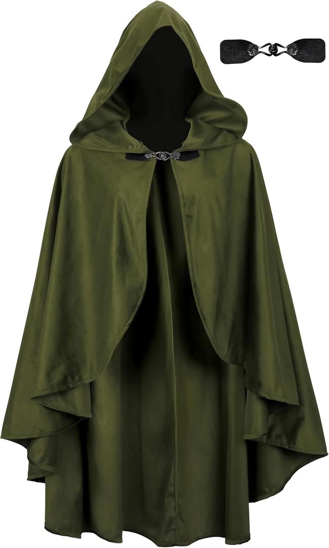 UQJE Medieval Cloak with Hood Halloween Renaissance Hooded Short Cape for Men and Women (One Size, Green)