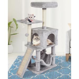 MIAO PAW Grey Cute Cat Tree for Indoor Cat Tower with Scratching Post Modern Activity House Hammock Hanging Ball Condo with Board