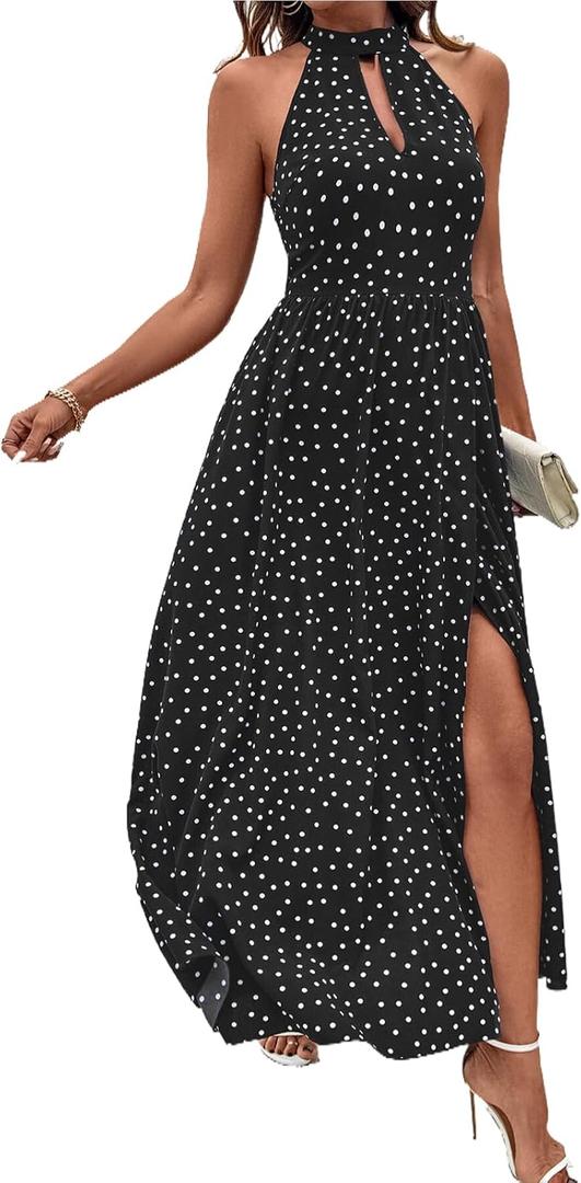 Women Casual Summer Polka Dot Sleeveless Midi Dresses Bohemian Side Slit Wedding Guest Long Dresses (Black, XL)