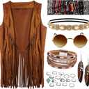 FEYIR 60s 70s Outfit for Women Hippy Accessories Fringe Hippie Vest Clothes for Halloween Disco Party Hippie Costume Set (X-Large)