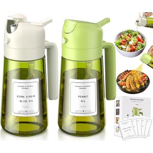 Vakoo 2 in 1 Oil Sprayer and Oil Dispenser for Kitchen - 16oz/470ml Light-Blocking Dark Glass Olive Oil Spray Bottle for Cooking, Air Fryer, Salad & BBQ (Green&White)
