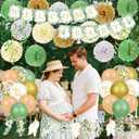 42pcs Baby Shower Decoration, Neutral WELCOME BABY Banner,3 Eucalyptus Leaves Pennant, 15 Greenery Paper Flower,6 Hanging Swirls,18 Balloons for Boy Girl Birthday Party (Sage Green)
