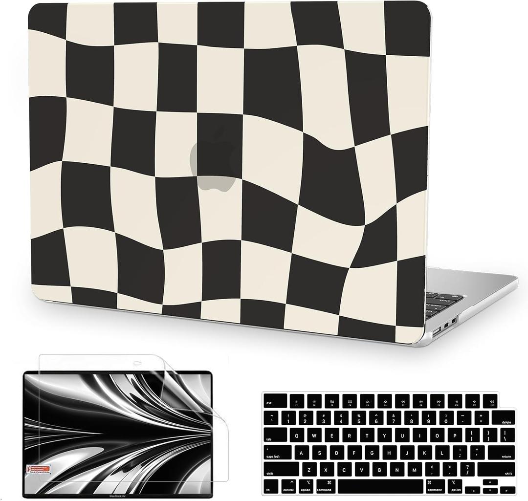 Anban Compatible with MacBook Air 13 inch Case 2025 2024 2023 2022 M4 M3 M2 A3240 A3113 A2681, Plastic Hard Shell Case for MacBook Air 13.6 inch +Keyboard Cover +Screen Protector, Black Checkerboard