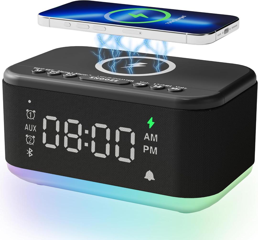 Alarm Clock Speaker Wireless Charger, Digital Alarm Clocks Bedrooms Bluetooth, Alarm Clock Dimmable Light Bedrooms Dual Alarm Snooze Dimmer 12 24H RGB Night Light Bluetooth USB AUX, Black, Large