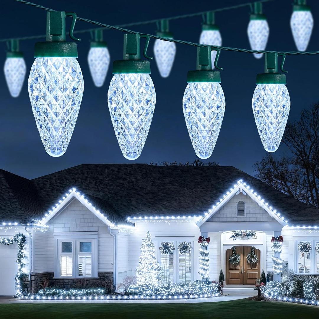 Brightown C9 Christmas Lights Outdoor, 114FT 150 LED Pure White String Lights with Timer, 8 Modes, Plug-in UL Listed Waterproof Connectable Christmas Tree Lights for House, Roof, Garden, Patio Decor