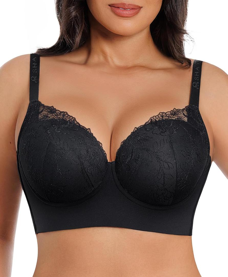 SHAPELLX Back Smoothing Full Coverage Underwire Lace Bra for Women Side Support No Side Bulge Breathable Comfort Lift (Black, 38C)