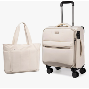 BTOOP 16 Inch Carry On Luggage with Tote Bag Luggage Sets Airline Approved TSA Lock Puffer Quilted Suitcases with Spinner Wheels Lightweight Soft Travel Luggage (Khaki)