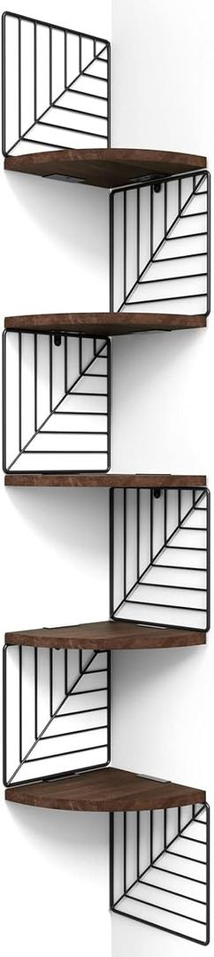 Love-KANKEI Corner Shelf Wall Mount of 5 Tier, Rustic Wood Floating Shelves Wall Shelves for Bedroom Living Room Bathroom Kitchen Office and More Dark Walnut