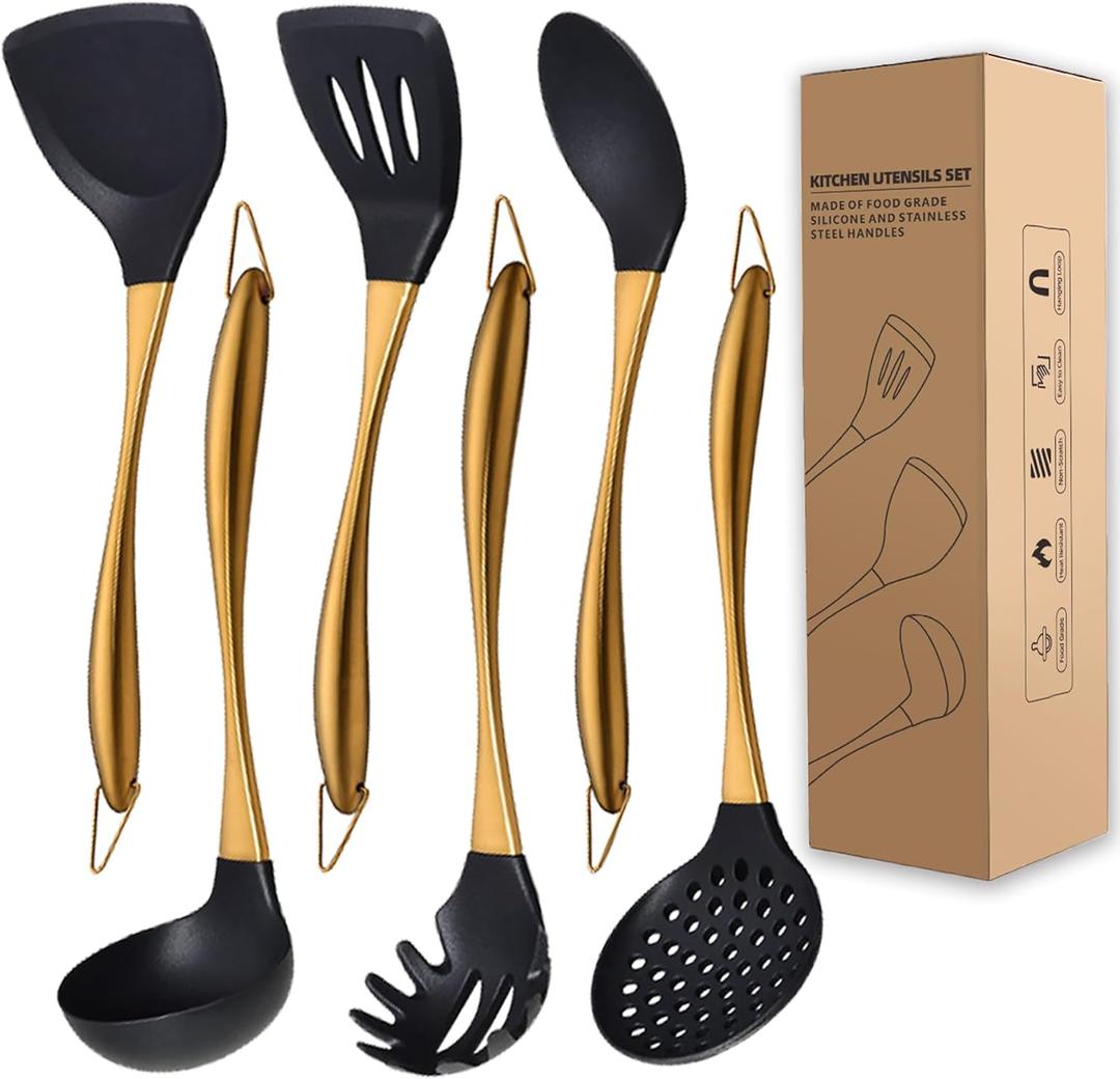 Kitchen Utensils Set, Large Non-stick Silicone Cooking Utensils Set 6 Pcs,Made of 446F Heat Resistant Food Grade Silicone and Stainless Steel Handles,Easy to Clean Kitchen Gadgets Set (Gold)