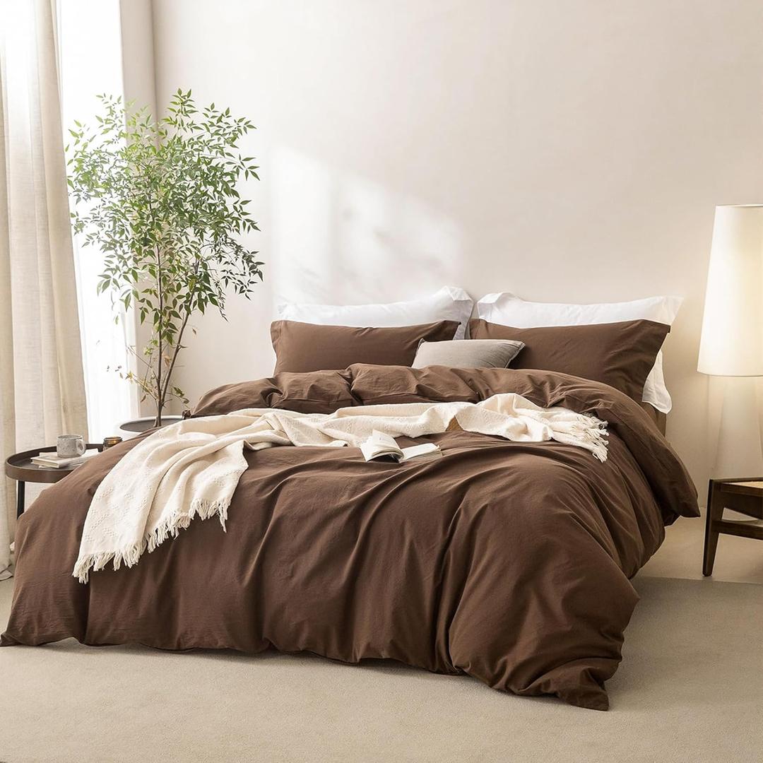 BDEAR 3 Pieces Cocoa Brown Duvet Cover Set King Size 104'' W x 90'' L, Percale 100% Washed Cotton Duvet Cover with Zipper Closure Plus 2 Pillowcases, Oeko TEX Standard Certificated, Cozy Feel
