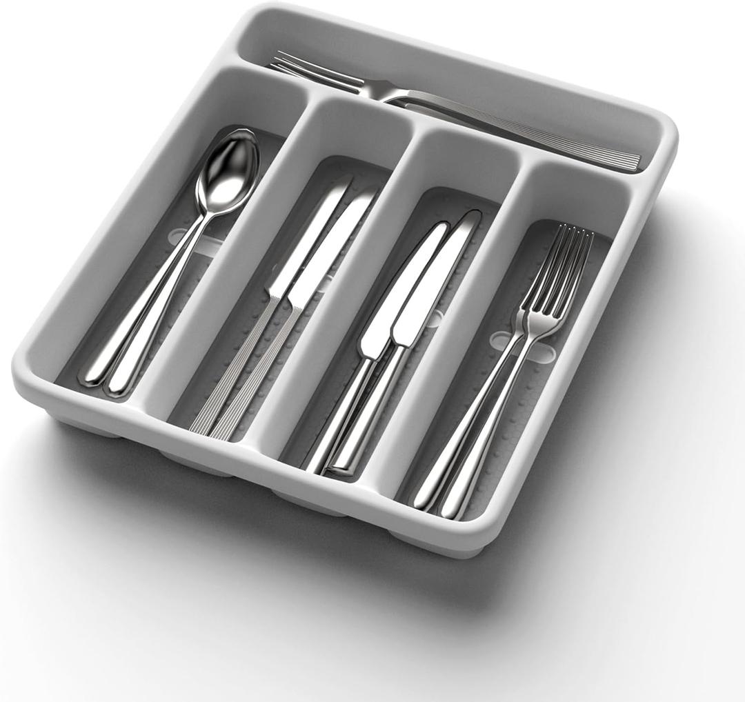 5-Slot Utensil Drawer Organizer for Silverware & Cutlery | Large Plastic Utensil Holder with Non-Slip Design, Silverware Drawer Organizer, BPA-Free (White) (Normal, Grey)