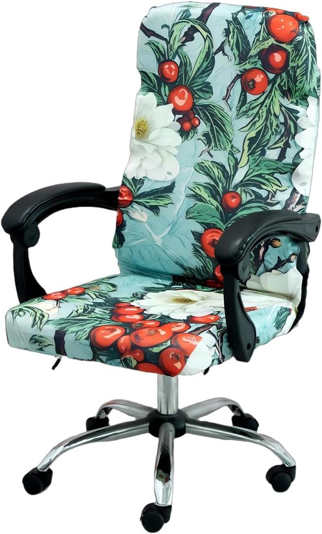Christmas Office Chair Cover Green,Printed Elk,pinecone,Xmas tree,Snowflake,Jingle bell Stretch Computer Chair Cover Universal Removable Washable Anti-Dust Chair Slipcover with Zipper (M,Christmas-10)