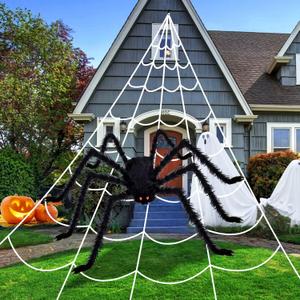 Halloween Spider Web Giant Spider Decorations Fake Spiders with Triangular Huge Spiders Web for Indoor Outdoor Halloween Decorations Yard Home Costumes Parties Haunted House Décor