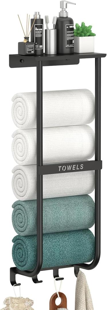 Rxvotocr Towel Rack for Bathroom, Black Metal Wall Mounted Towel Holder with Shelf and 4 Hooks, Bathroom Towel Storage Organizer
