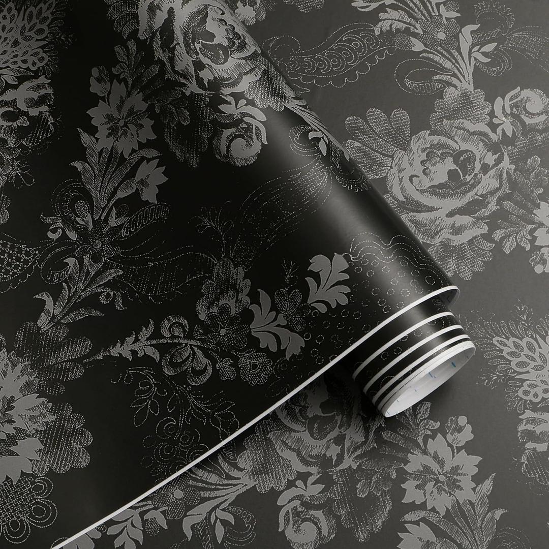 Yasinet Victorian Black Vintage Peel and Stick Wallpaper - Removable, Waterproof, Decorative for Walls - Living Room, Bedroom - Vinyl Roll 78.7" x 16.1"  