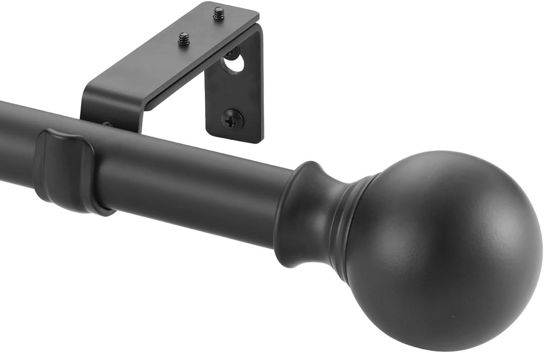 Window Curtain Rods 72 to 144 Inches, 1 Inch Diameter Adjustable Drapery Rod, Decorative Heavy Duty Curtains Rod with Fancy Round Finials for Living Room, Bedroom, Patio, Matte Black