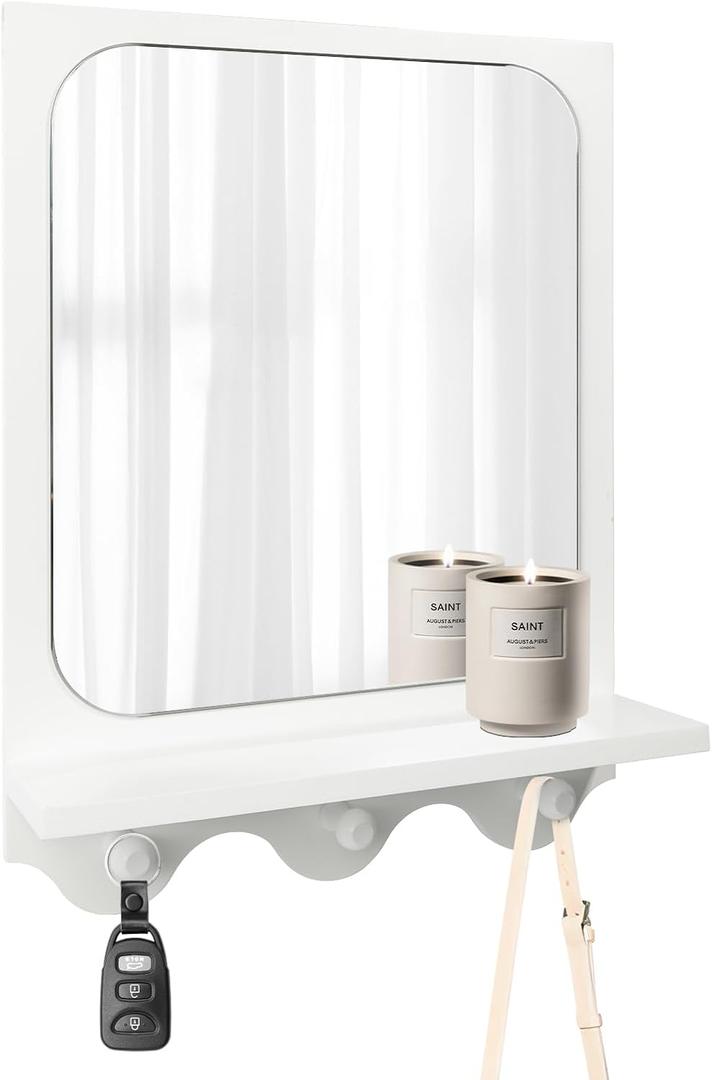Snazzify 16x12 Inch WallMounted Mirror with Shelf and Hooks, White Decorative Entryway Mirror with Storage for Hallway, Bathroom, or Bedroom  4in Shelf Width, Black
