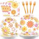 ZOIIWA 200 PCS Groovy Birthday Tableware Disposable Hippie Daisy Flower Plates Napkins Party Supplies 60s 70s Two Retro Boho Dinnerware Set Hippie Party Baby Shower Decoration Serve 50 guest
