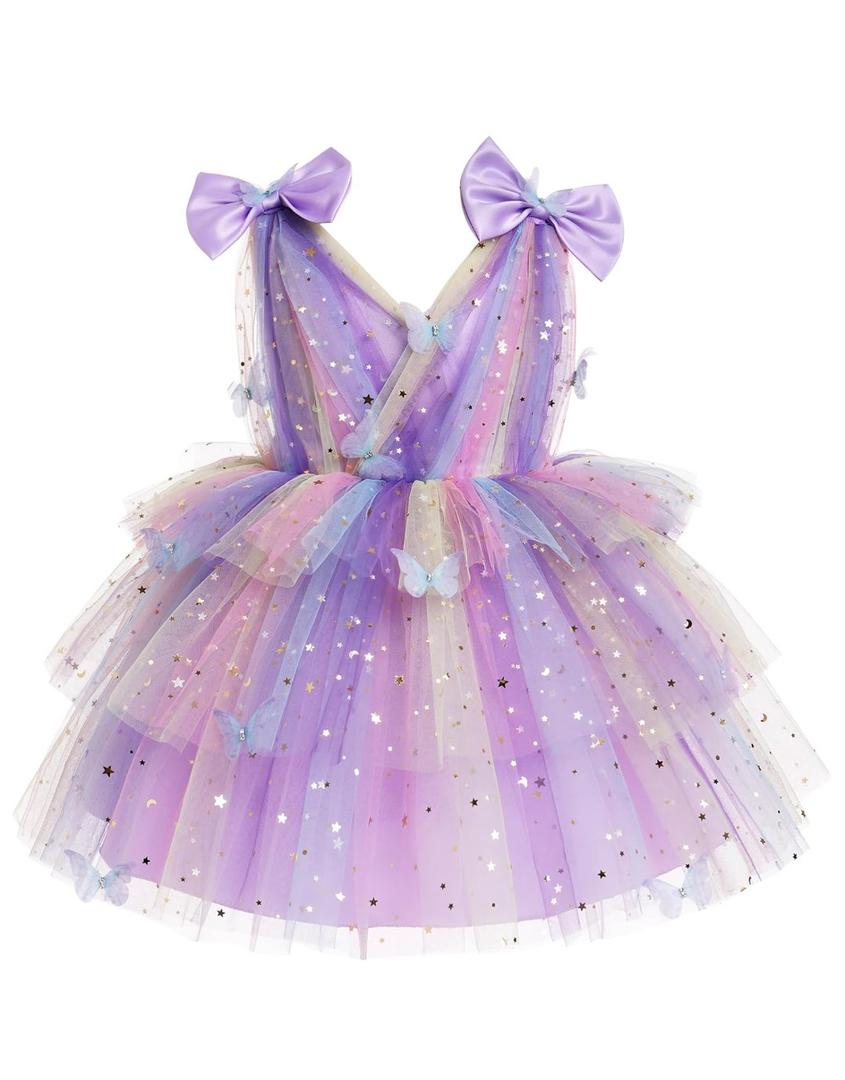 IMEKIS Toddler Girls Butterfly Birthday Dress Rainbow Tulle Formal Wedding Party Ruffle Tutu Dresses Photo Shoot, Size Small