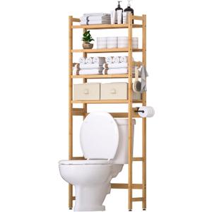 Over The Toilet Storage with 2 Baskets, 4-Tier Bamboo Organizer Rack with Paper Holder & 4 Hooks & Waterproof Feet Pad,Freestanding Shelf for Bathroom(Natural)