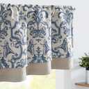 jinchan Linen Valance Curtain for Kitchen Vintage Damask Floral Blackout Valance Double Layer Small Window Curtain for Living Room Bedroom Bathroom 18 Inch Rod Pocket 1 Panel Dark Blue on Beige