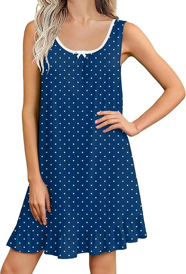 Ekouaer Nightgowns for Women Sleeveless Nightdress Cute Night Gowns Short Sleepshirt Soft Sleepwear Pajama Dress Navy White Dots, Small
