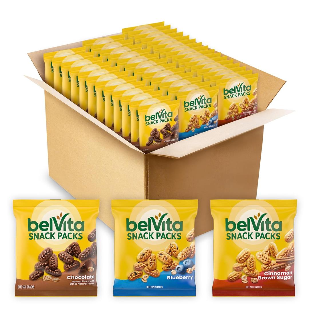 belVita Bite Size Snacks Variety Pack, Blueberry, Chocolate and Cinnamon Brown Sugar Crunchy Bites, 40 Snack Packs, BB Date 12 NOV 25