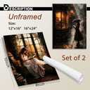 NCYEL 2Pcs Dark Academy Canvas Wall Art Painting Book Reading Print Vintage Style Drawing Gothic Poster Girl Street Scene Picture Library Study Bedroom Decor Literature Gallery 16x24 Inch Unframed (16"Wx24"H2)