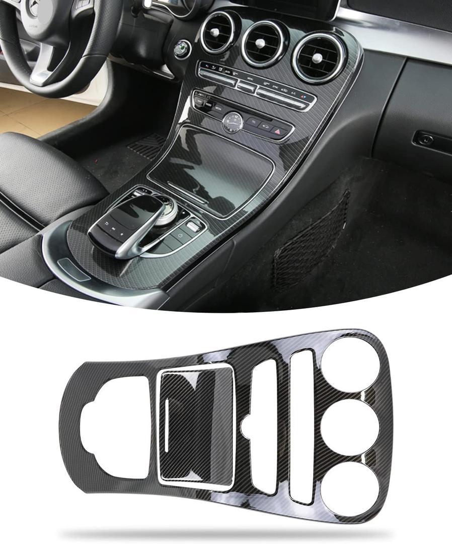 Center Console Gear Shift Panel Frame Cover Trim, Carbon Fiber Pattern Style, Interior Decoration Accessories for Mercedes Benz C GLC Class W205 2015-2018 (W205 with Clock)