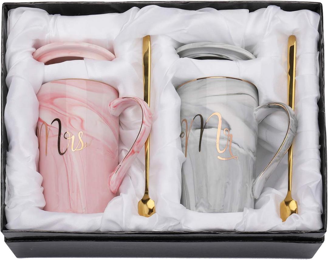 Yesland 13.5 Oz Mr and Mrs Coffee Mugs, Wedding Gifts for Couple/Bride and Groom, Ceramic Marble Cups for Bridal Shower Engagement Wedding, Married Couples Anniversary