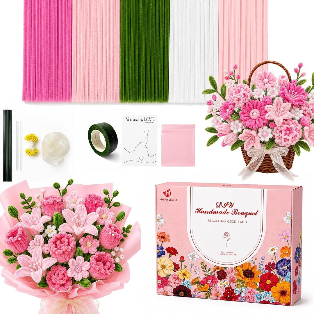 HHSarioneiro 550 Pcs Pipe Cleaner Flower Kit, Pink Complete DIY Flower Bouquet Making Kit, 5 Beautiful Colors, 15 Flower Designs with Step-by-Step Video Tutorials, for Teen Girls and Craft Lovers