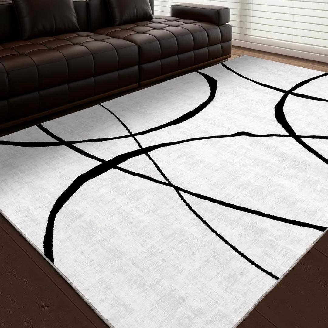 YIHOUSE 6'x9' Black and White Rug- Washable Area Rug for Living Room Bedroom, Large Modern Non-Slip Ultra-Thin Rug Home Decor,Curve,6x9ft