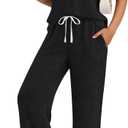Trendy Queen 2 Piece Lounge Sets for Women Summer 2026 Henley Sweatsuit Travel Vacation Airport Outfits Pajamas Sets (Black, L)