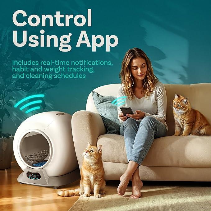 PetCove Self Cleaning Litter Box with Auto Safety Sensors for Multiple Cats - Automatic Cat Litter Box Self-Cleaning - Covered Odor Removal with APP Control - Compatible On All WiFi - Electric Robot, White