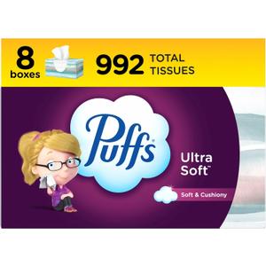 Puffs Ultra Soft Non-Lotion Facial Tissue, 8 Family Boxes, 124 Facial Tissues per Box