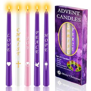 Advent Candles Set of 5, Christmas Taper Candle with Letters & Pattern, 10 Inch Dripless Seasonal Candle, Advent Wreath Nativity Candle for Holidays, Church, Devotional, Celebration, Party