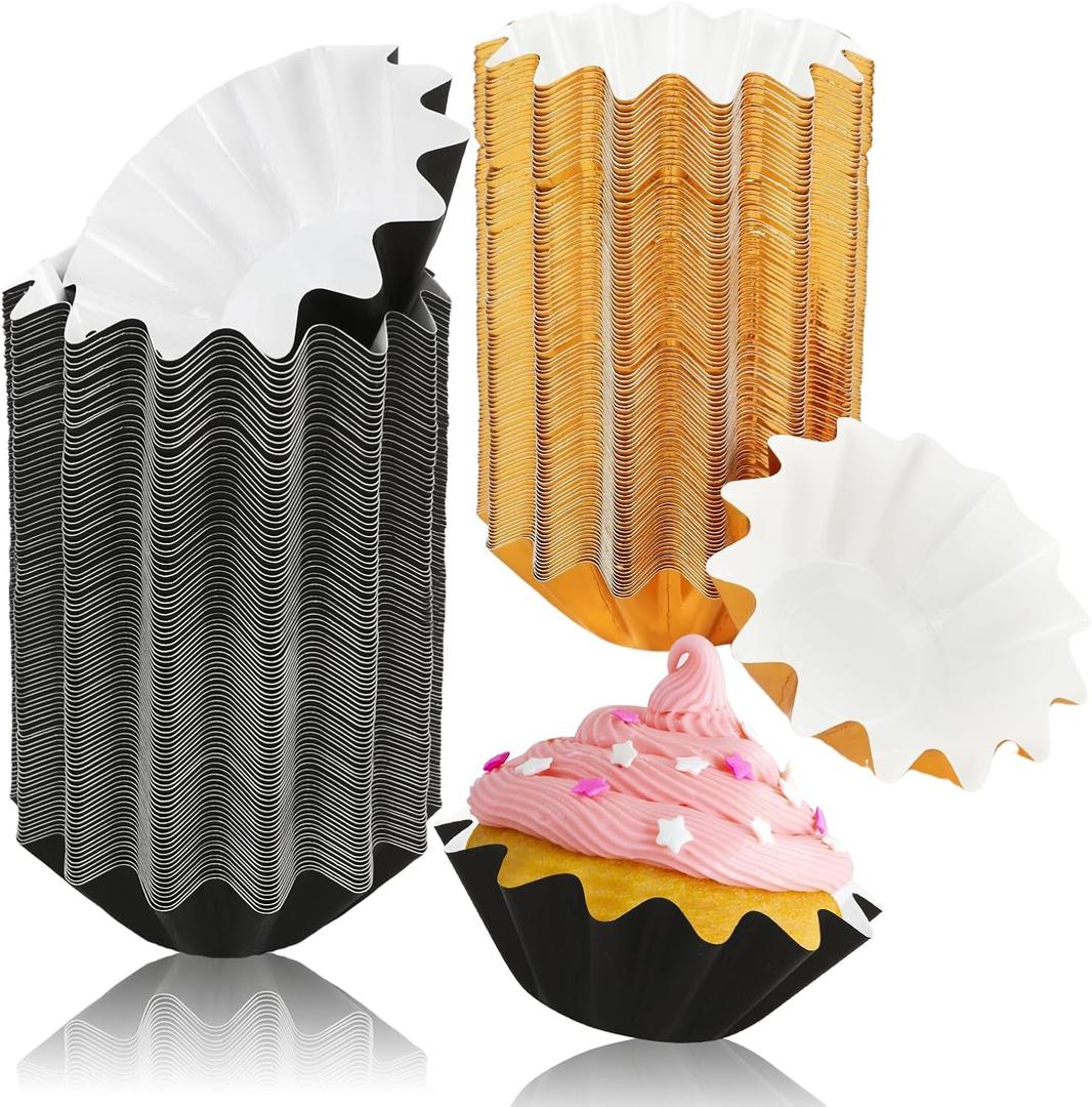 200 PCS Baking Cups Cupcake Liner Flared Brioche Standard Muffin Wrappers Greaseproof Coated Paper Cup for Wedding Birthday Holiday Party or Baby Shower (Gold+Black)