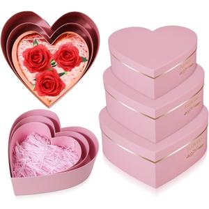 Glenmal 3 Pcs Mother's Day Heart Shaped Gift Boxes with Lids 100g Shredded Paper Fill Nesting Heart Flower Boxes for Wedding Birthday Baby Showers Present Packaging(Pink)