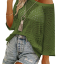 Zeagoo Women's 2025 Spring Summer Crochet Top Hollow Out 3/4 Sleeve Sweater Off Shoulder Beach Knit Coverup L