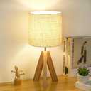 Small Table Lamp, Wooden Tripod Nightstand Lamp with Linen Fabric Shade, Cute Boho Modern Bedside Nightstand Lamp for Bedroom, Living Room, Nursery, Kids Room, Office, Dorm, Bulb Not Included (Beige)