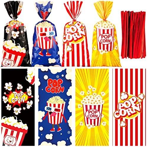 Teling 100 Pcs Popcorn Bags for Party, Popcorn Treat Bags Set, Candy Red White Stripe Cookie Snacks with 150 Red Twist Ties for Circus Carnival Birthday Party Favor (Cute Style)