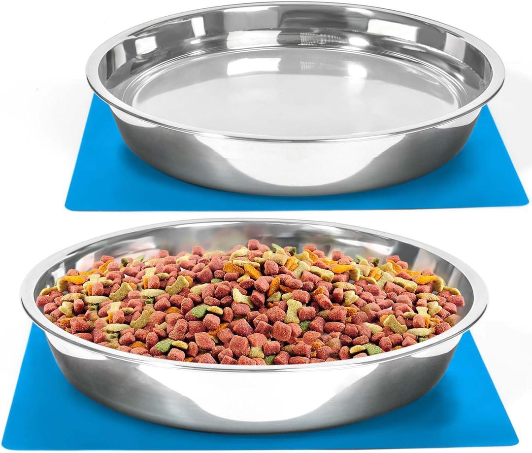 Shallow Dog Food Bowls, Non Slip Food Grade Stainless Steel Bowls for Large Dogs - Interior Size (Dia:10.6" xHeight 2.0") Hold 8 Cups / 2 Quart (2 Packs)