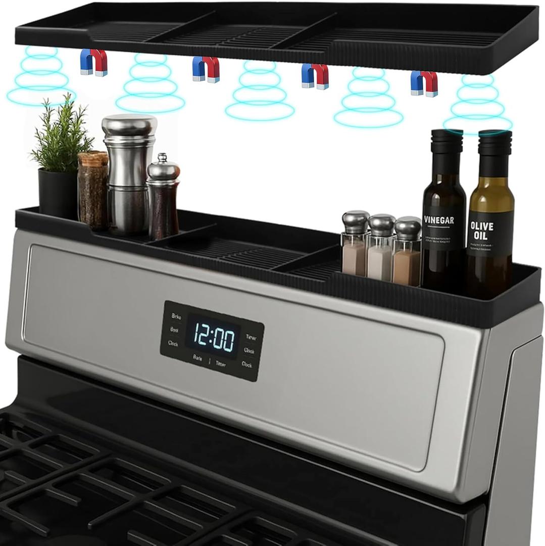 Silicone Magnetic Over the Stove Shelf for Back of Stove - Magnetic Stove Top Shelf and Over Stove Shelf, Over Oven Shelf for Top of Stove, Over the Stove Spice Rack, Includes 6 Extra Plates (Black)
