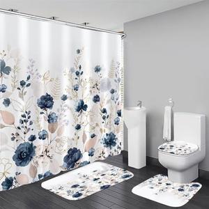 DDQQ Navy Blue Floral Shower Curtain Sets with Rugs 4 Piece Gold Flowers Leaves Bathroom Decor Set with Non-Slip Rugs Toilet Lid Cover and Bath Mat, Home Bathroom Shower Curtain Set with 12 Hooks