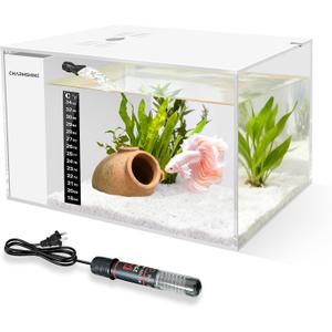 Fish Tank Betta 2.5 Gallon Desktop Small Beta Fish Aquarium Starter Kit with 25W Heater LED Light and Mini Water Pump & Filter Media Compact Aquarium for Betta Fish, Shrimp(White)